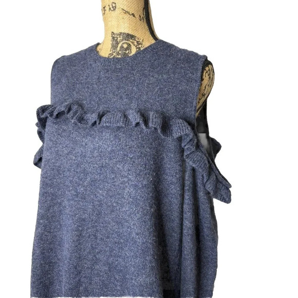 LOFT Sweater Blue Cold Shoulder Ruffle Fuzzy Stretch Long Sleeve‎ Womens Sz XL - Picture 4 of 7